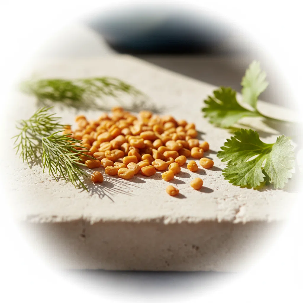 Fenugreek seeds and green herbs - natural supplement ingredients